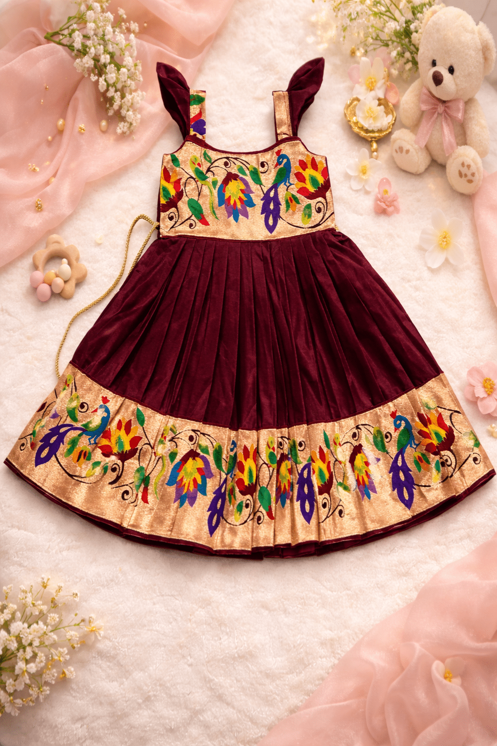 Baby Girl Maroon & Gold Paithani Naming Ceremony Dress
