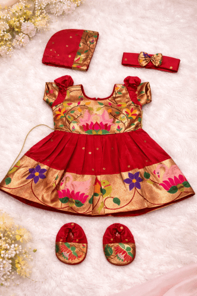Red Paithani Baby Girl Naming Ceremony Dress Set with Cap, Headband & Booties