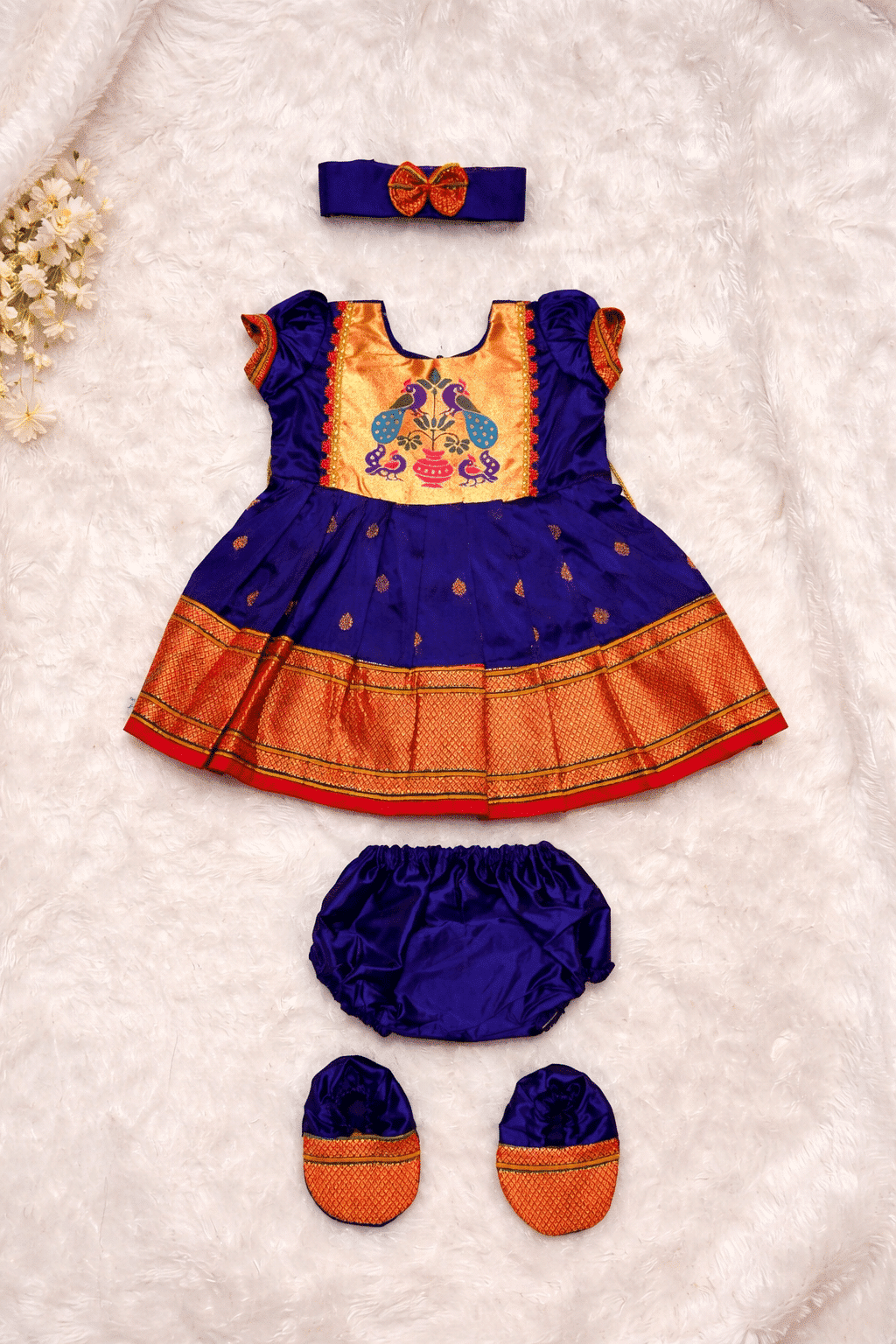 Royal Blue Paithani Style Baby Girl Naming Ceremony Dress Set with Headband & Booties