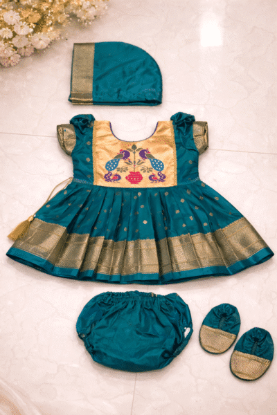 Red Paithani Baby Girl Naming Ceremony Dress Set with Cap, Headband & Booties