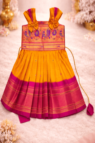 Yellow Magenta Paithani Baby Girl Naming Ceremony Dress