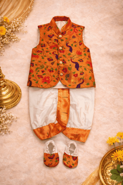Baby Boy Orange Paithani Dhoti Set with Jacket