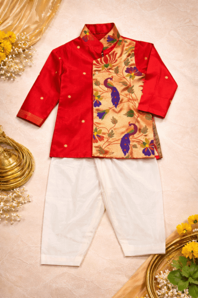 Baby Boy Paithani Kurta Dhoti Set with Peacock Design