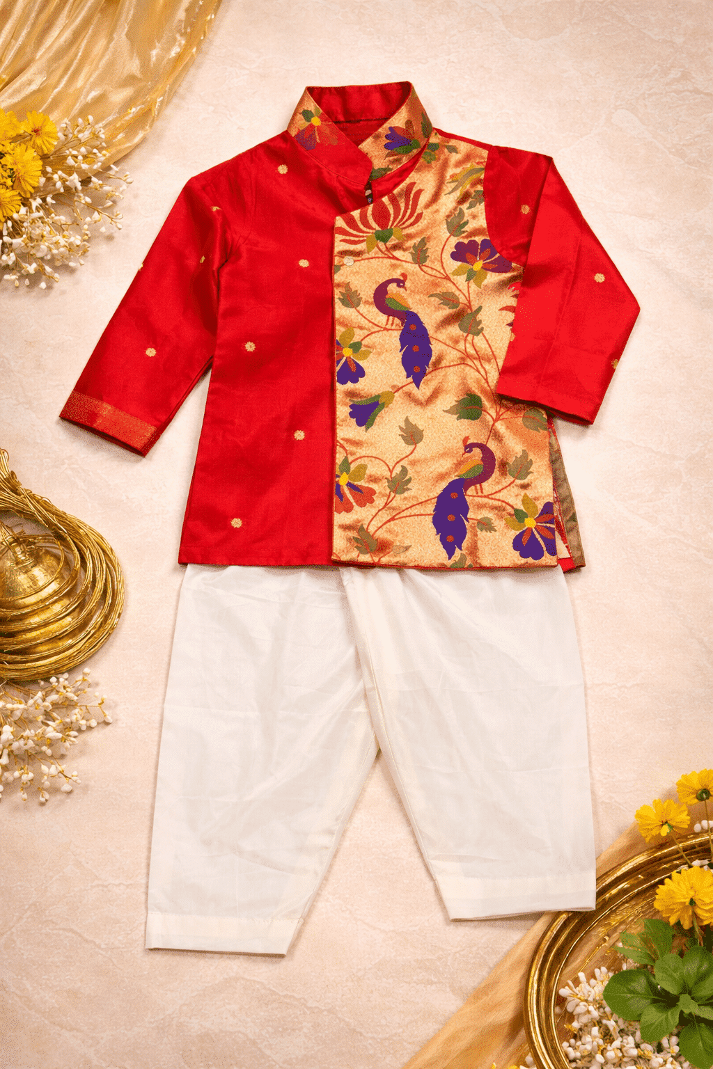 Baby Boy Paithani Kurta Dhoti Set with Peacock Design