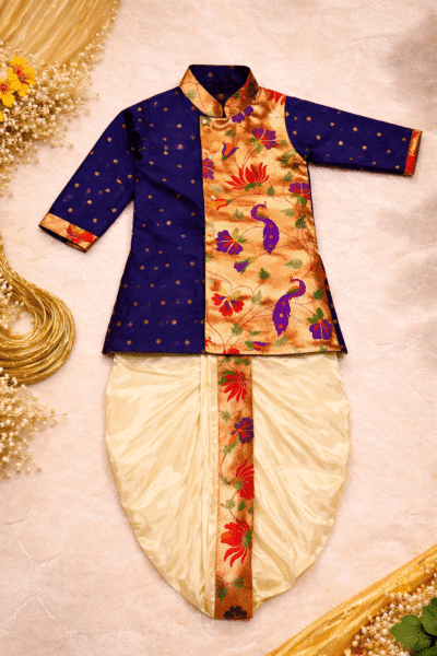 Baby Boy Royal Blue Paithani Kurta Dhoti Set