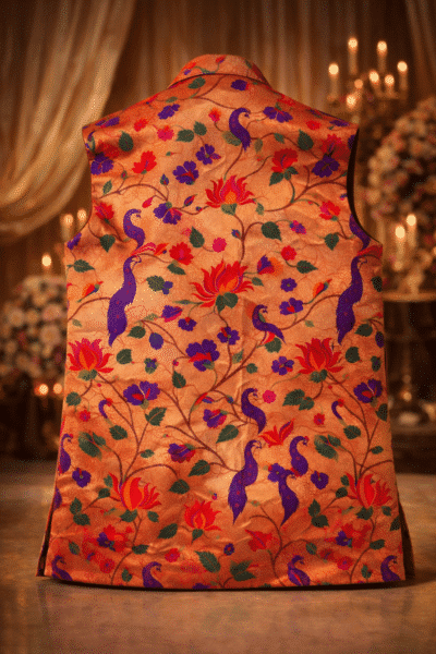 Coral Paithani Silk Nehru Jacket for Men