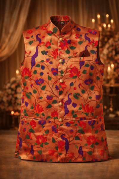 Coral Paithani Silk Nehru Jacket for Men