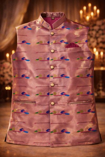 Gold Silk Paithani Nehru Jacket for Men