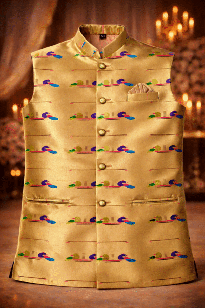 Gold Silk Paithani Nehru Jacket for Men