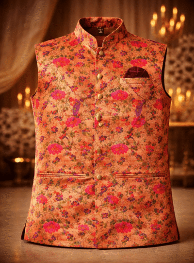Orange Gold Paithani Silk Nehru Jacket for Men