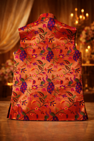 Orange Paithani Silk Nehru Jacket for Men