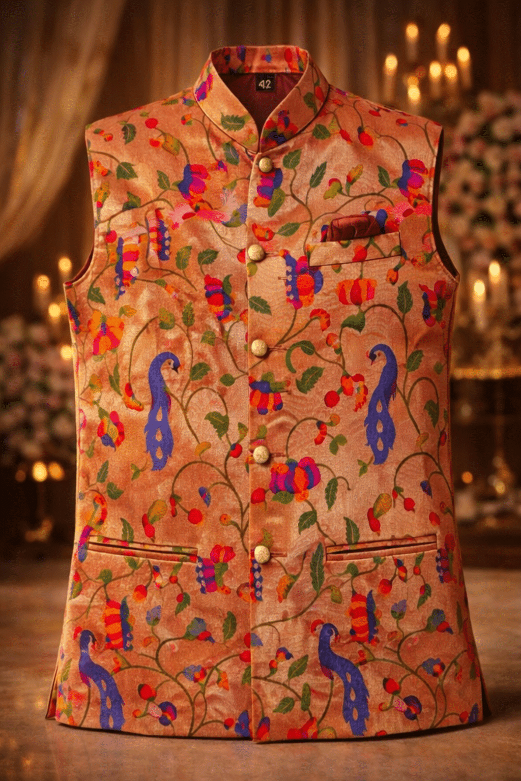 Gold peach Paithani silk Nehru jacket for men featuring peacock and floral motif traditional Indian wedding ethnic wear front view.