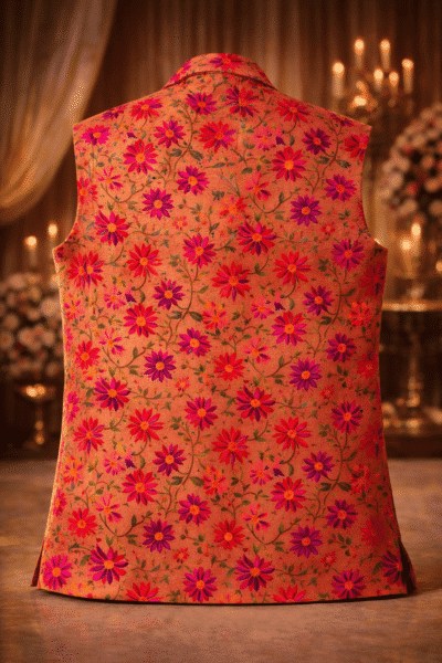 Peach Orange Paithani Silk Nehru Jacket for Men