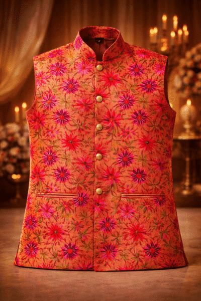 Peach Orange Paithani Silk Nehru Jacket for Men