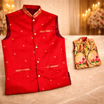 Red Paithani Silk Nehru Jacket for Men